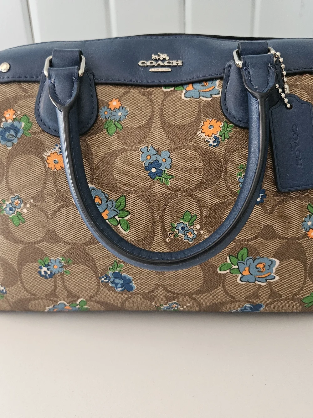 Coach Tan Signature Floral Satchel with Blue Trim and Matching Wallet